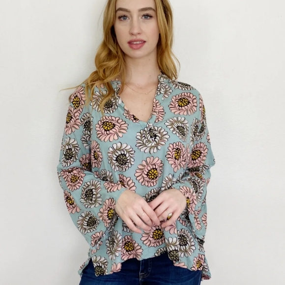 LOFT Tops - Ann Taylor Loft The Softened Floral Long Bell Sleeve V-Neck Top